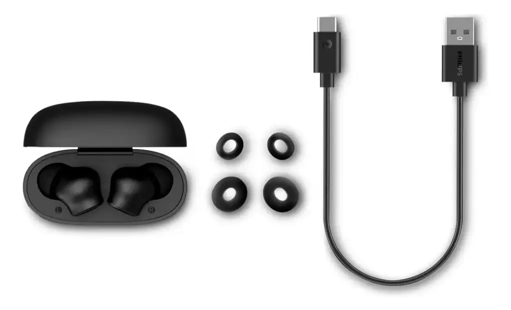 Fones de ouvido wireless com estojo de carregamento compacto.