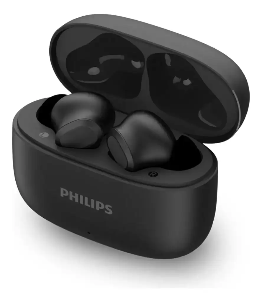 In-ear Bluetooth earbuds in black with charging case - Philips wireless headphones.