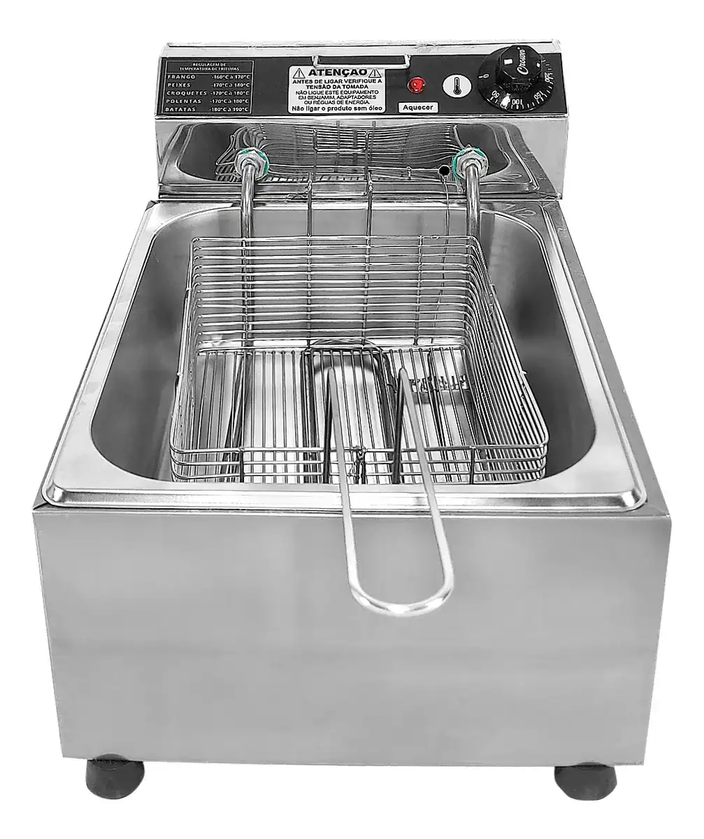 1. Máquina de fritar industrial de aço inox com cesto e controle de temperatura.