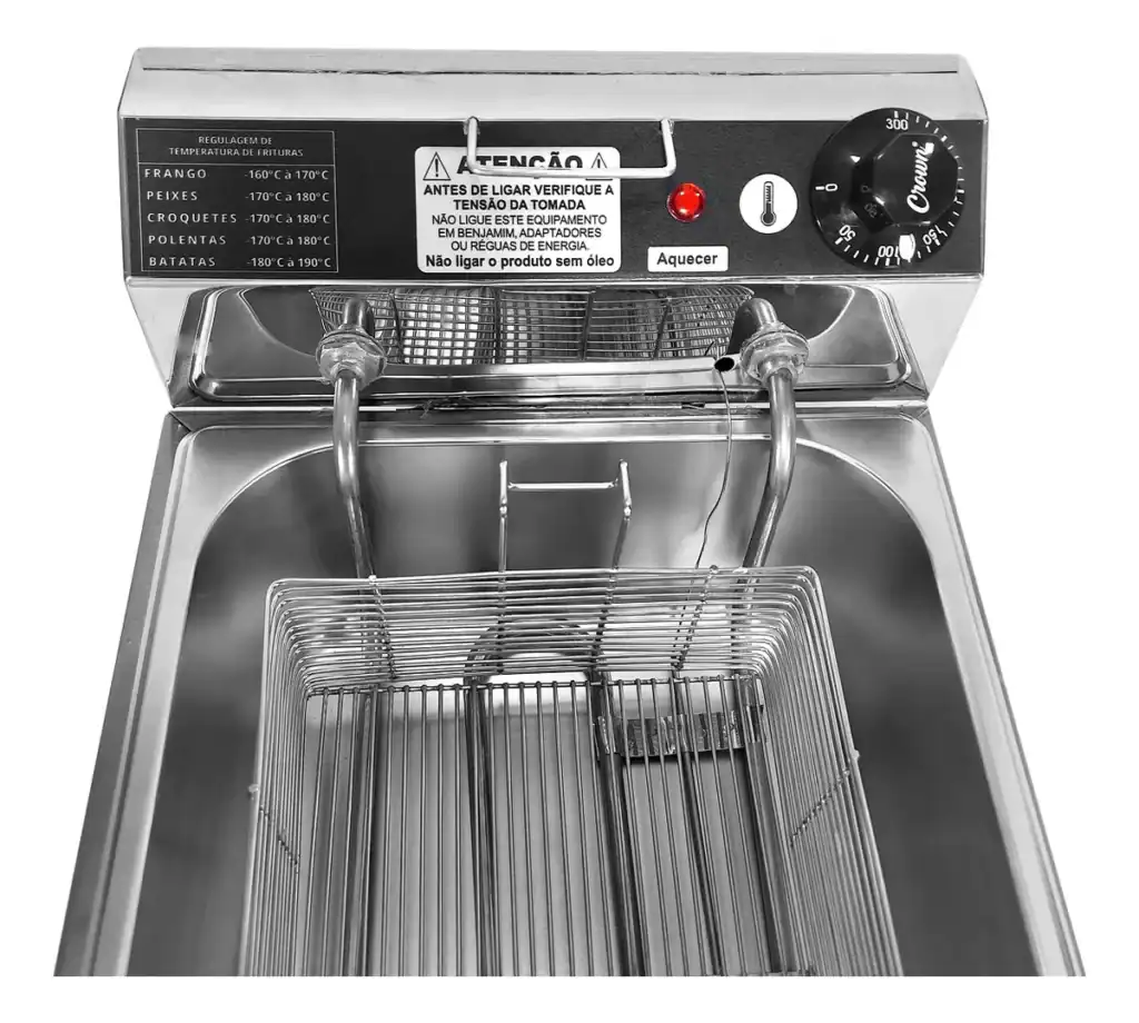 1. Fritadeira elétrica de cozinha em aço inox com controle de temperatura e cesto removível.