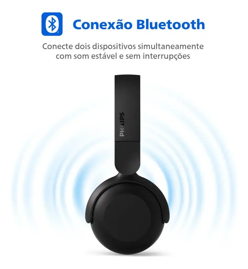 Bluetooth headset preto com conexão wireless estável e sem interrupções.