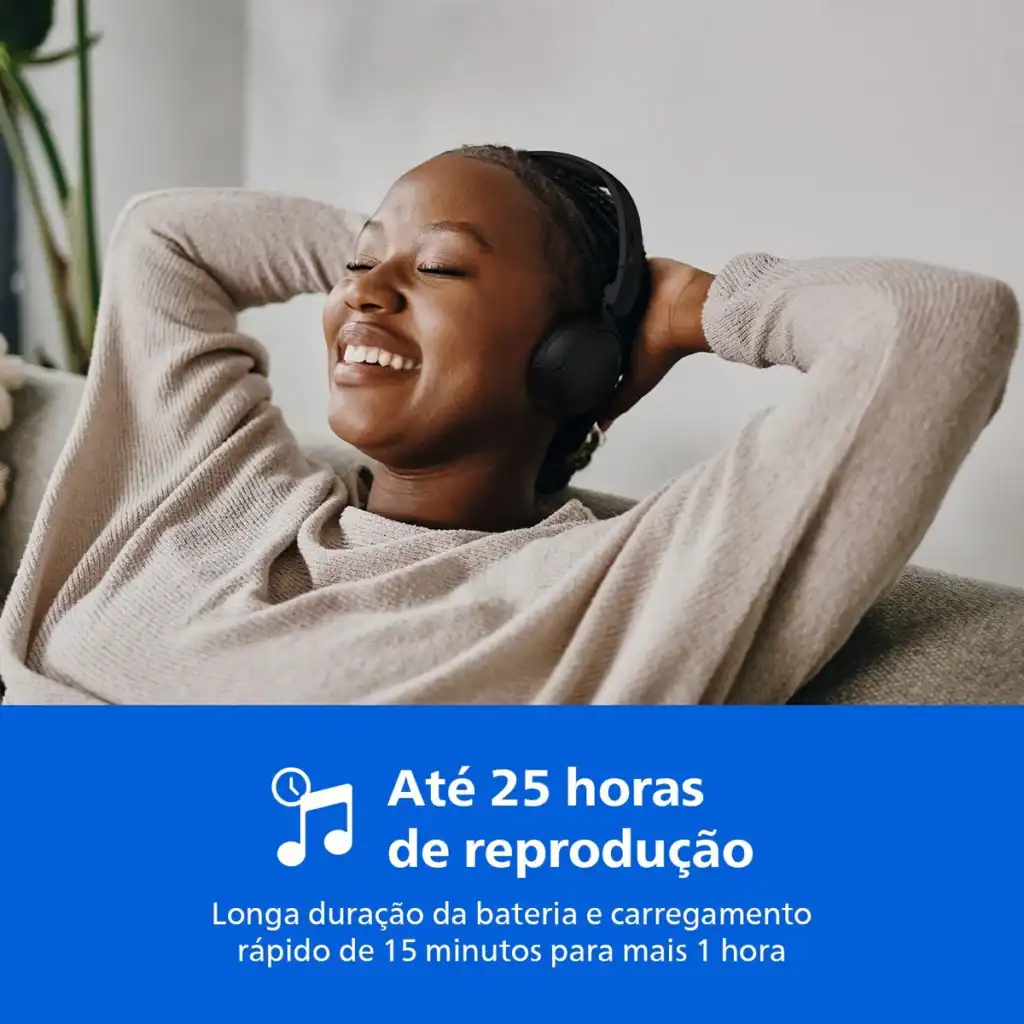 Água: Fone de ouvido sem fio com longa duração de bateria e até 25h de reprodução.