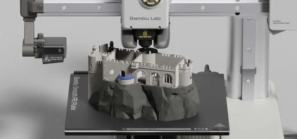 Castelo em 3D sendo impresso por uma impressora 3D de alta precisão. Tecnologia de impressão 3D para criações detalhadas e inovadoras.