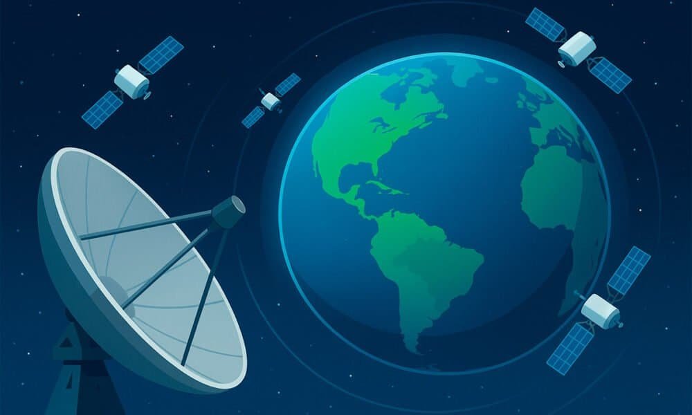 Satélites em órbita ao redor da Terra, representando tecnologia espacial e comunicação global.