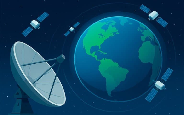 Satélites em órbita ao redor da Terra, representando tecnologia espacial e comunicação global.
