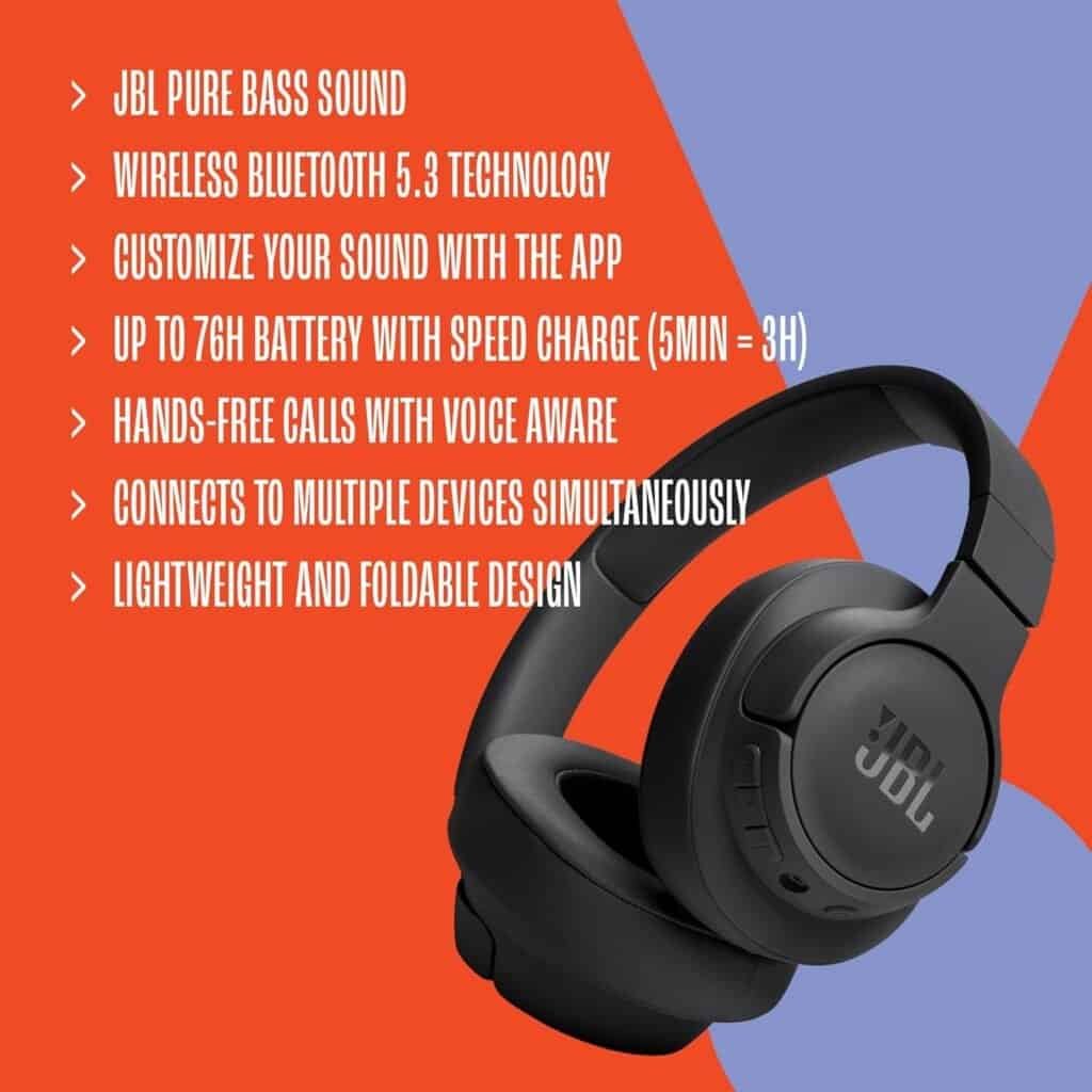 Fone de ouvido JBL com tecnologia Bluetooth 5.3 e resistência à água.