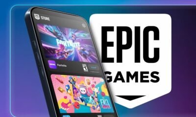 Imagem de smartphone com jogos populares como Fortnite e Fall Guys na tela.