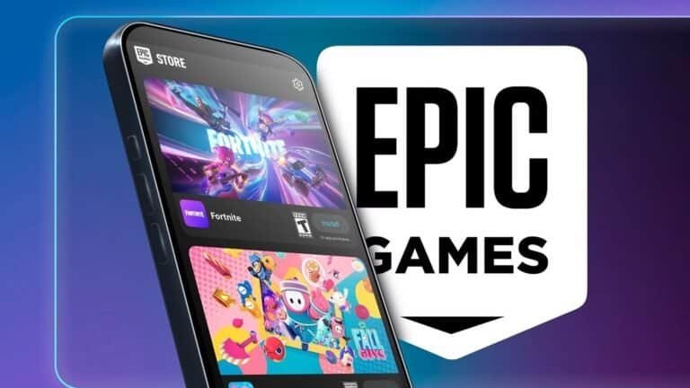 Imagem de smartphone com jogos populares como Fortnite e Fall Guys na tela.