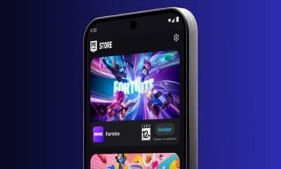 Capa de tela de smartphone exibindo a loja de aplicativos com destaque para o jogo Fortnite.