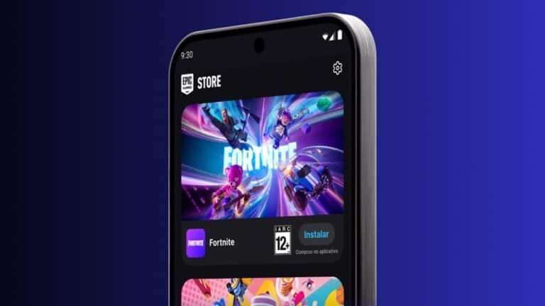 Capa de tela de smartphone exibindo a loja de aplicativos com destaque para o jogo Fortnite.