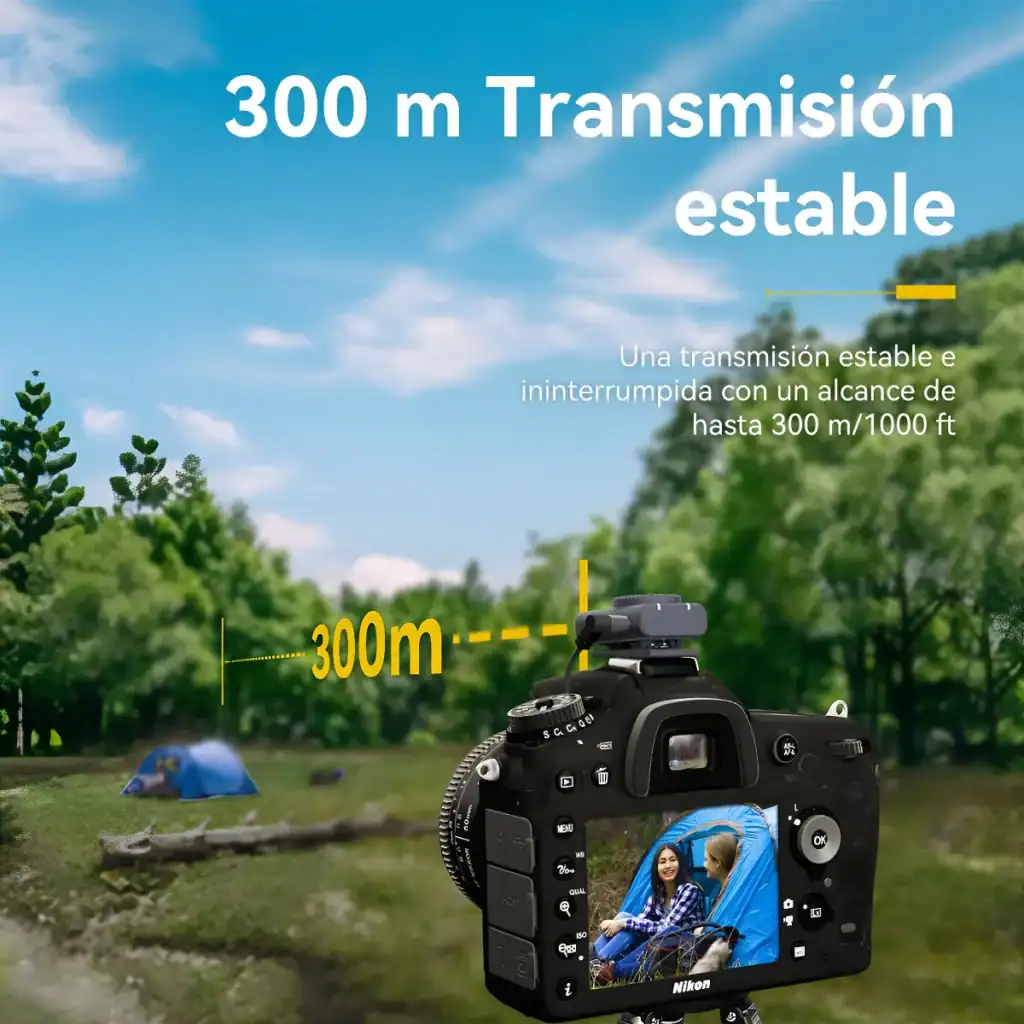 Transmissão de câmera DSLR com alcance de 300 m em ambientes ao ar livre.