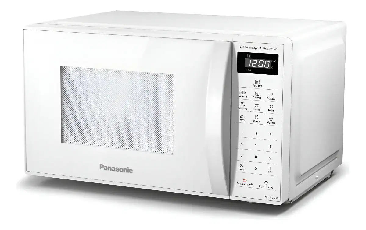 Micro-ondas branco da Panasonic com painel digital e funções variadas.