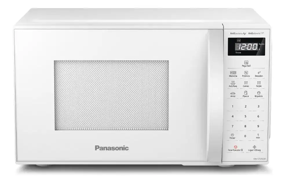Micro-ondas Panasonic branco com painel digital e funções avançadas para cozinha moderna.