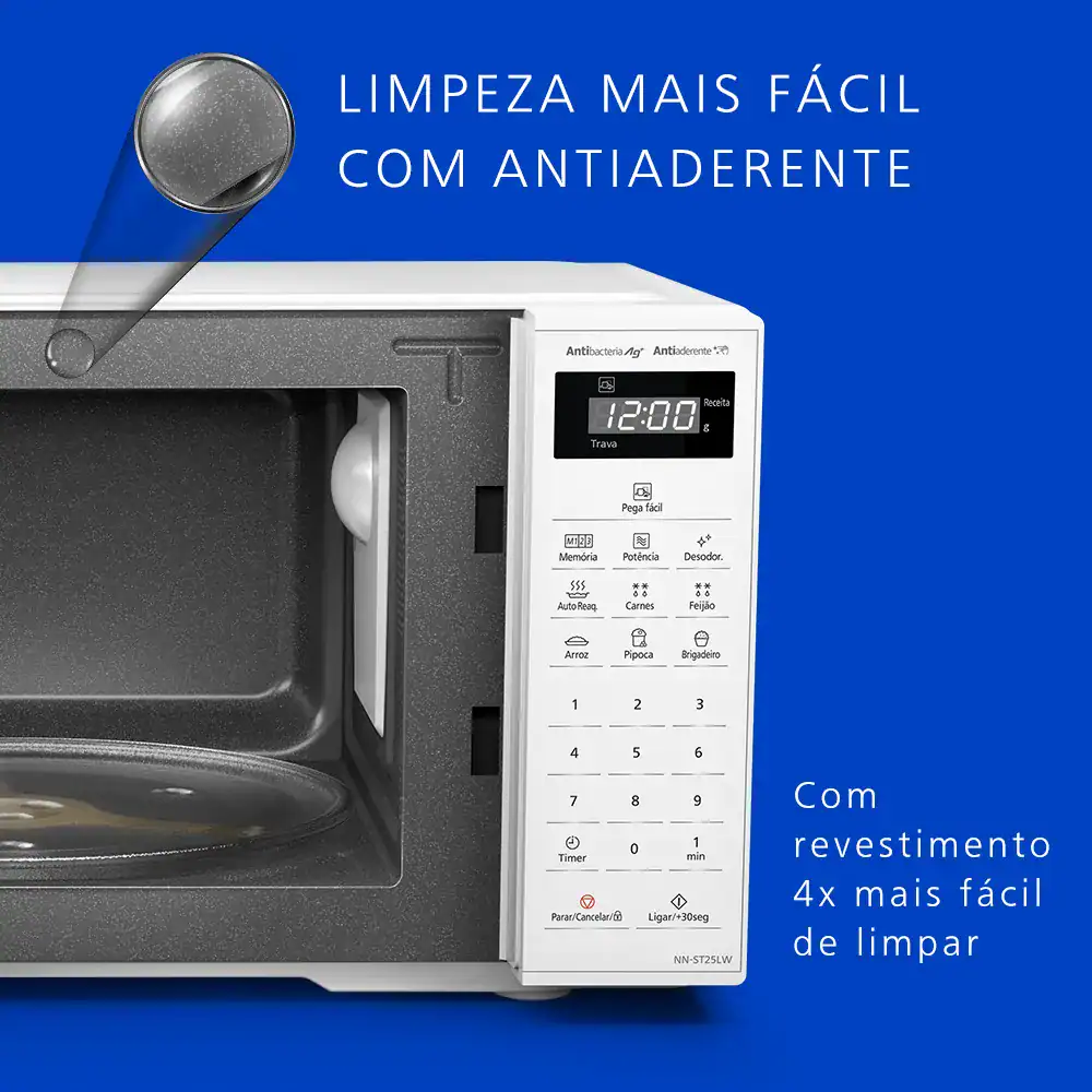 Micro-ondas com revestimento antiaderente, fácil de limpar e tecnologia avançada.