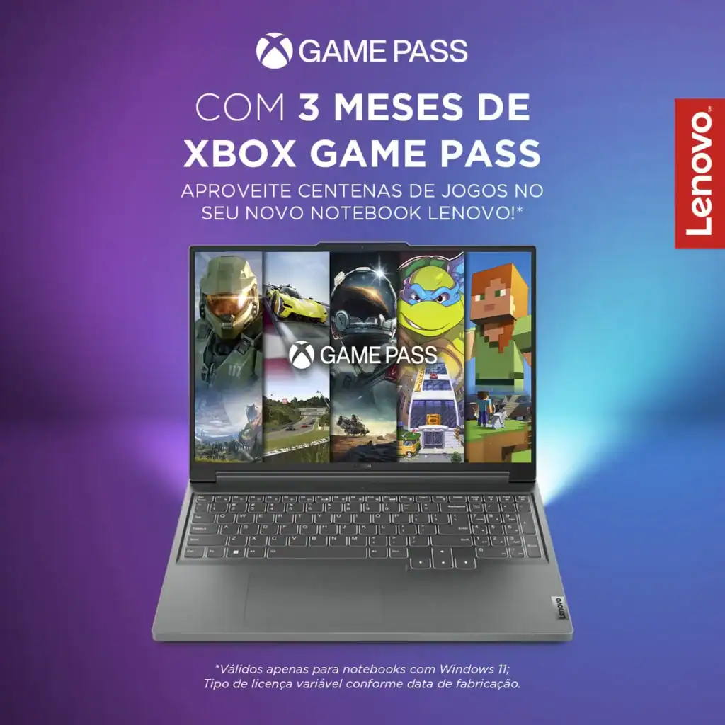 Game Pass com 3 meses de Xbox Game Pass e notebook Lenovo com jogos no conteúdo.