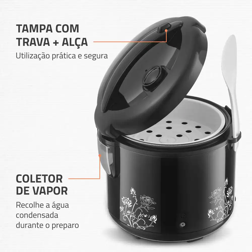Tampinha com trava e alça para uso prático e seguro de vapor gera comida saudável.