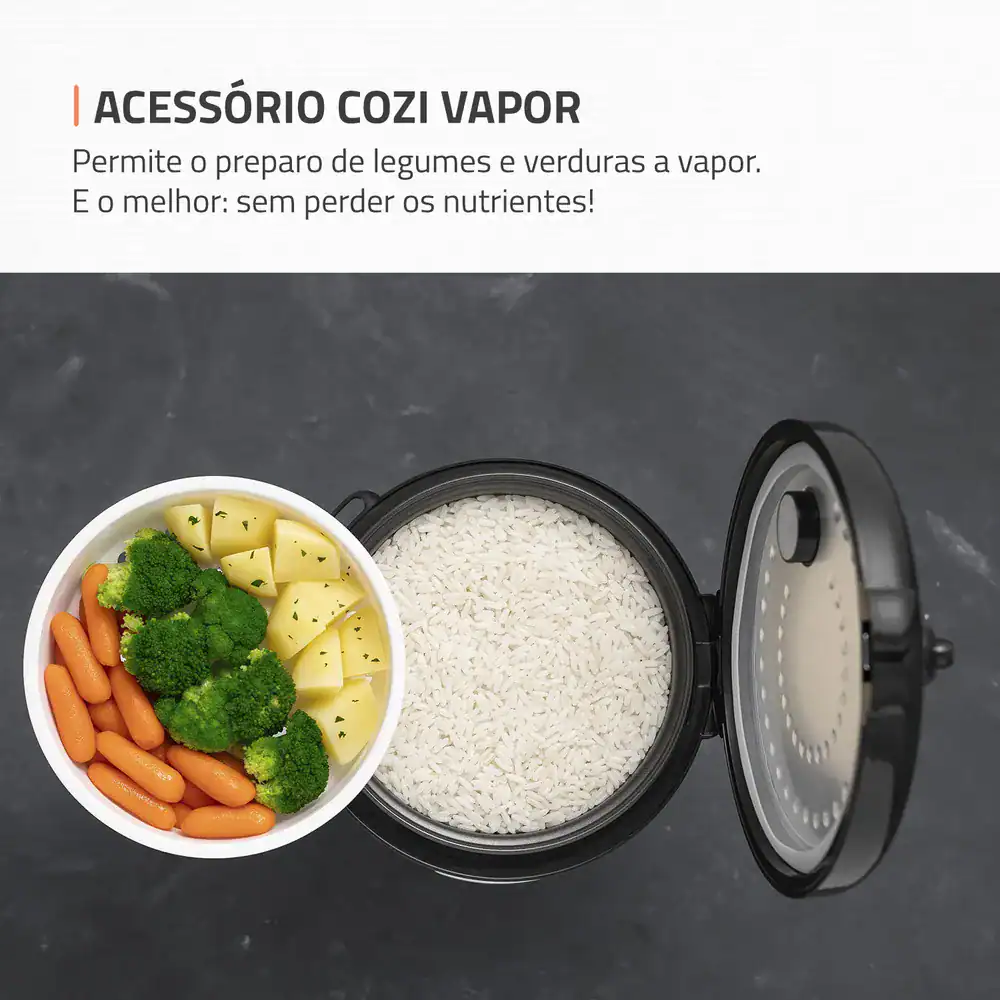 Vegetais sendo preparados em vapor na panela de vapor elétrico, alimentação saudável, cozinha moderna, dicas de culinária.