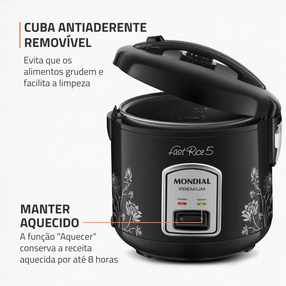 Cubo de arroz antiaderente removível, fácil de limpar e com função de manter aquecido.