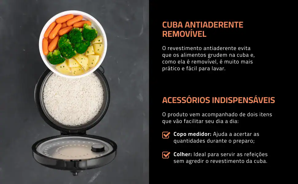 Alimento que parece uma panela de arroz com legumes e itens essenciais para cozinhar com panelas elétricas.