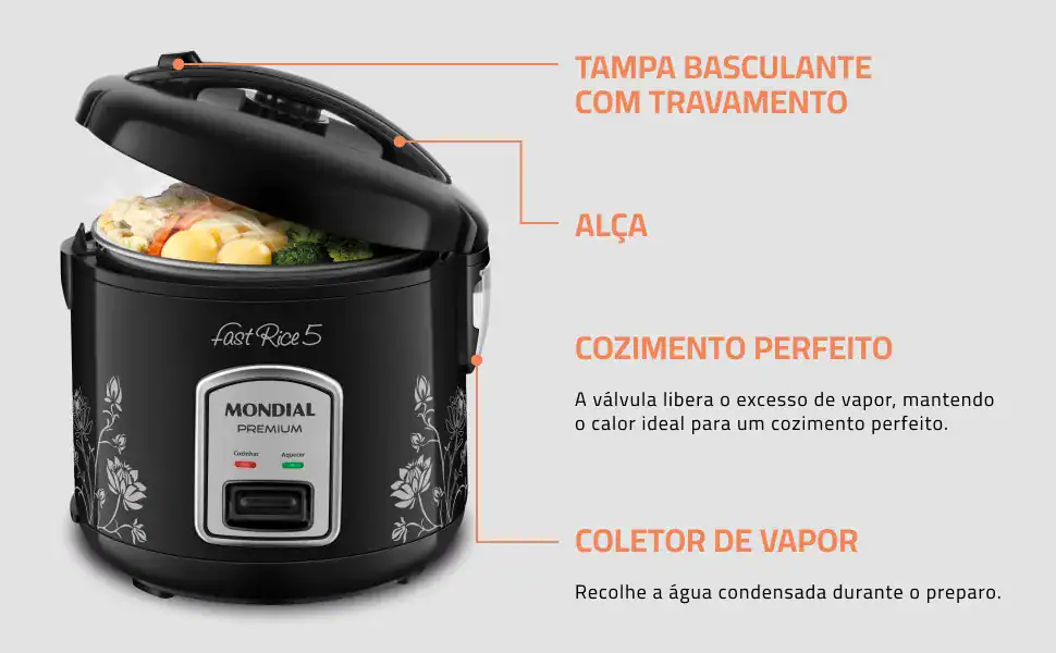 Cozinha elétrica com tampa basculante, alça ergonômica e coletor de vapor para preparo fácil.
