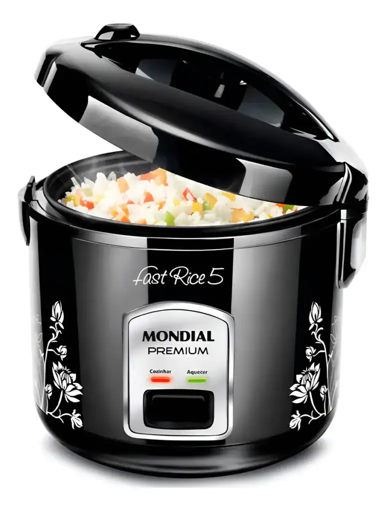 1. Panela de arroz elétrica preta com tigela de alimentos coloridos, cozimento rápido.