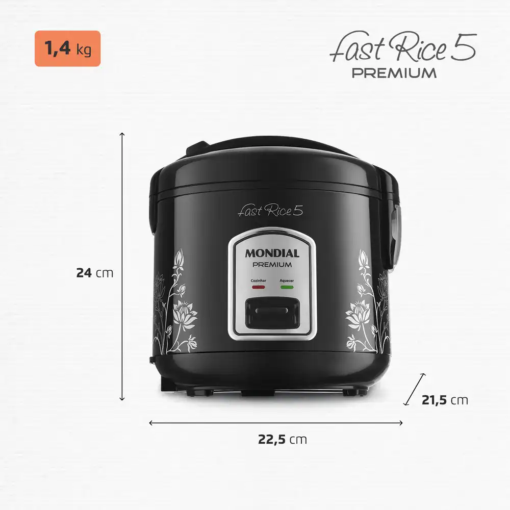 1. Panela de arroz elétrica preta com medidas e controle de aquecimento.