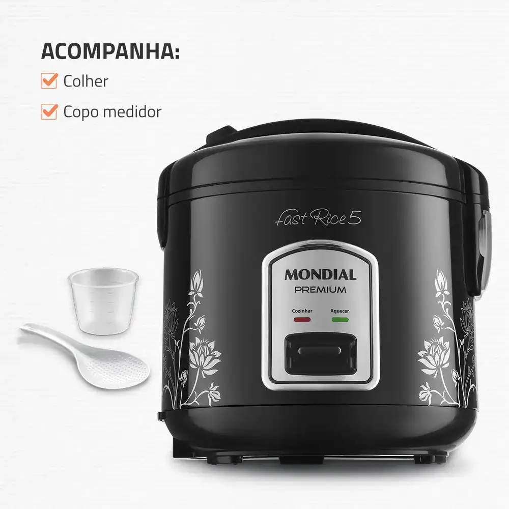 Robô de cozinha Mondial Fast Rice 5 com colher, copo medidor, fácil de usar.
