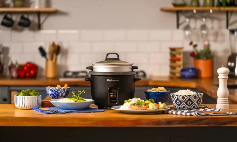 Repolho cozido em panela de arroz elétrica, além de pratos com arroz e ingredientes variados na cozinha moderna.