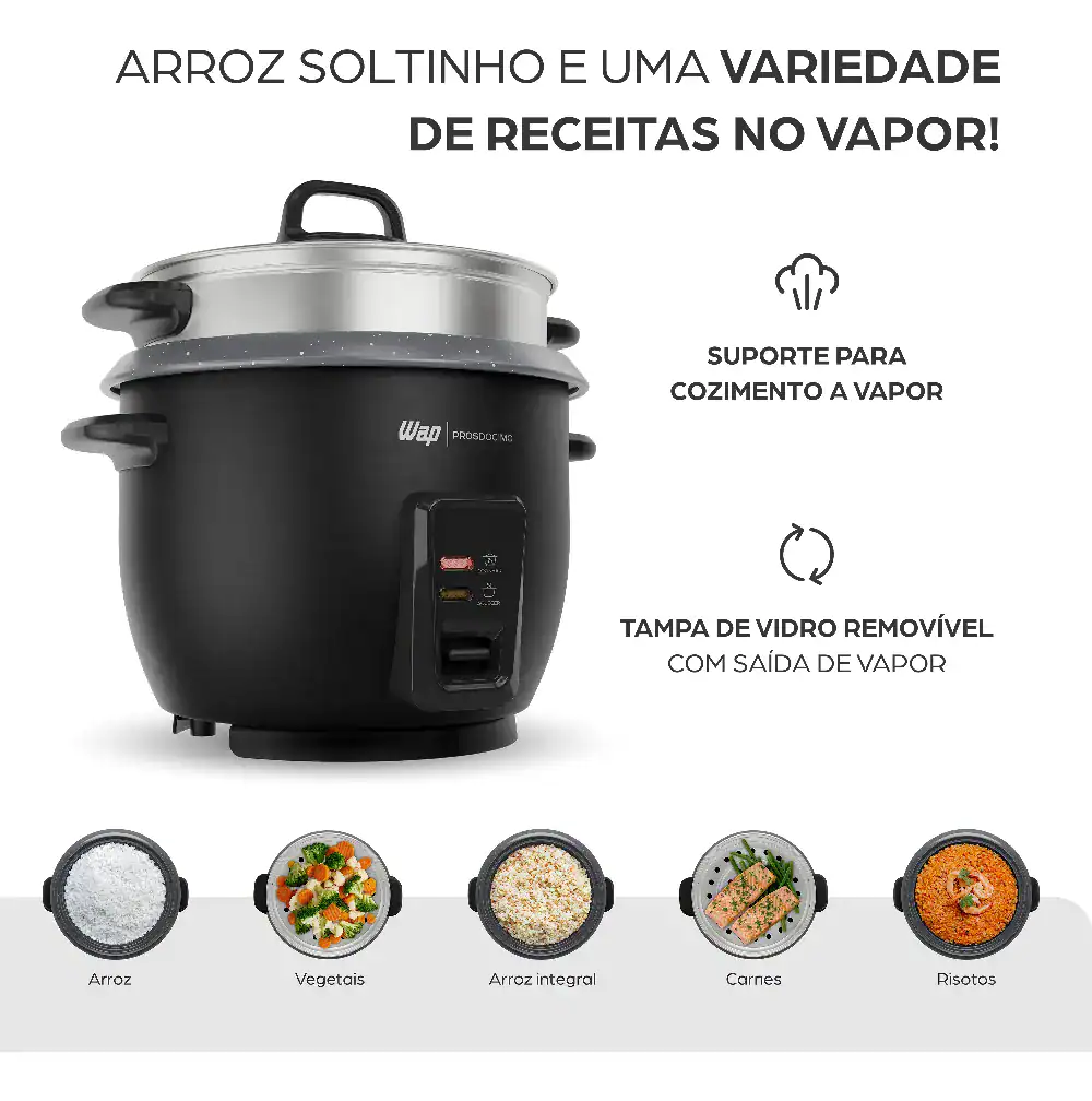 Arroz, vapor, panela elétrica, suporte, tampa de vidro removível, cozinhar alimentos em vapor, receita saudável, eletrodomésticos de cozinha, utensílios de cozinha, praticidade na cozinha.