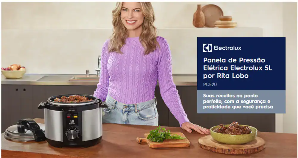 Painel de pressão elétrica Electrolux 5L, fácil de usar e segura, ideal para cozinhar receitas deliciosas.
