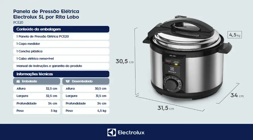 Panela de pressão elétrica Electrolux 5L com led e design moderno.