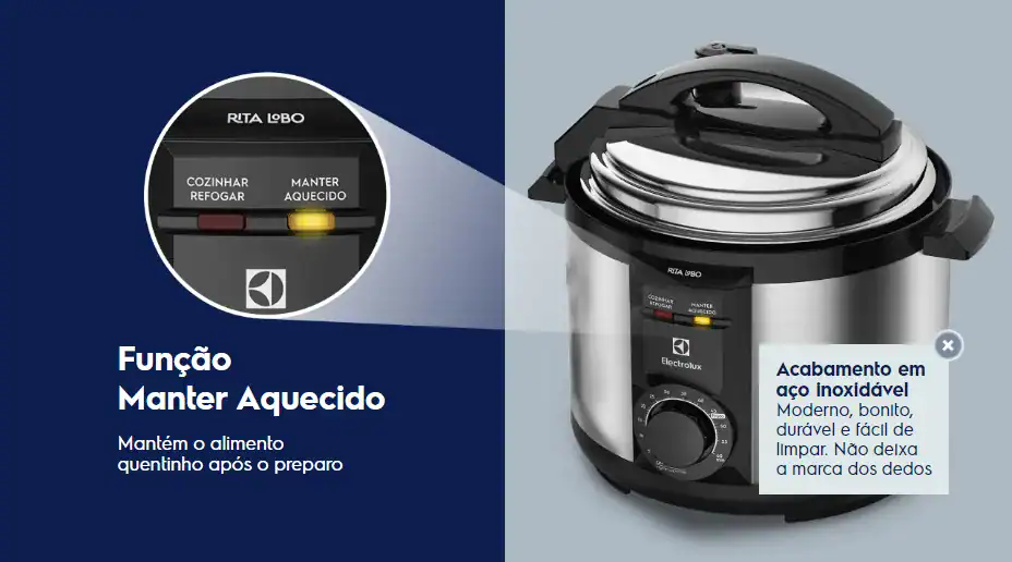 Cozinha com panela de pressão elétrica Electrolux com acabamento em aço inoxidável.