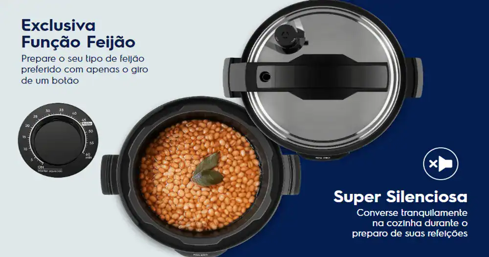 Luminosidade de panela de pressão com feijão cozido, foco em funções e silêncio.