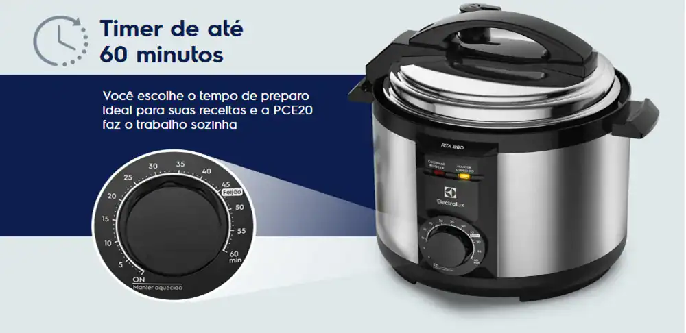 Timer de até 60 minutos para panelas de pressão elétrica. Ideal para preparar receitas e fazer o trabalho sozinho.