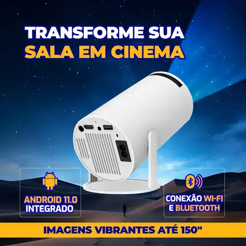 Projetor portátil com Android 11 e conectividades Wi-Fi e Bluetooth para transformar sua sala em cinema.