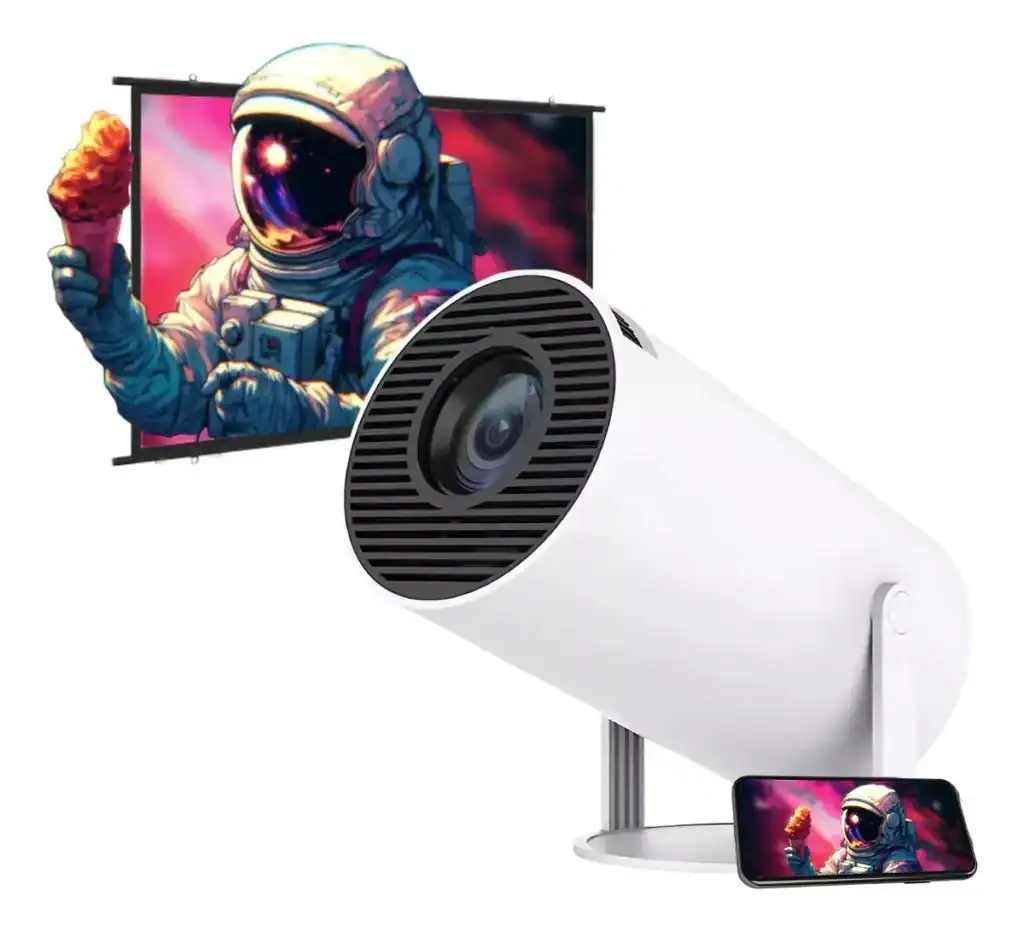 Tecnologia de videoprojeção moderna com conexão a smartphone e sistema de som integrado.