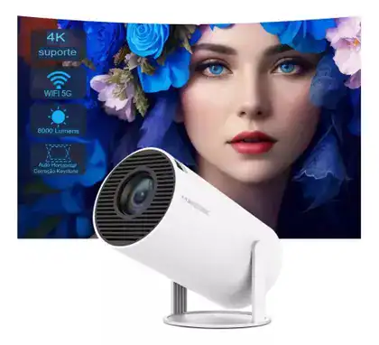Projetor 4K com Wi-Fi 5G, suporte a Alexa e tela de 8000 lumens para home theater.