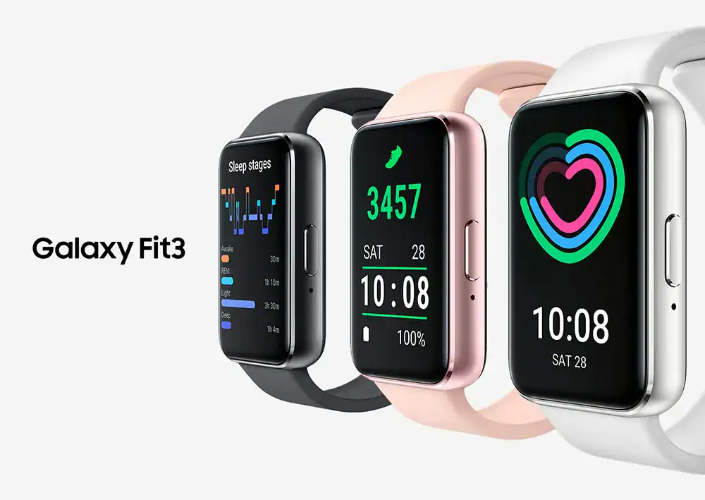 Relógio inteligente Galaxy Fit3 com tela AMOLED e diversas funções de monitoramento de saúde.