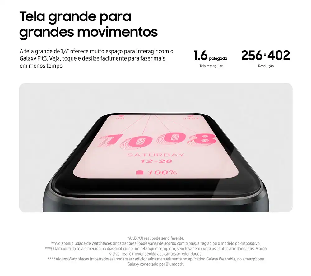 Tela grande para smartwatch, compatível com Galaxy Fit3, alta resolução.