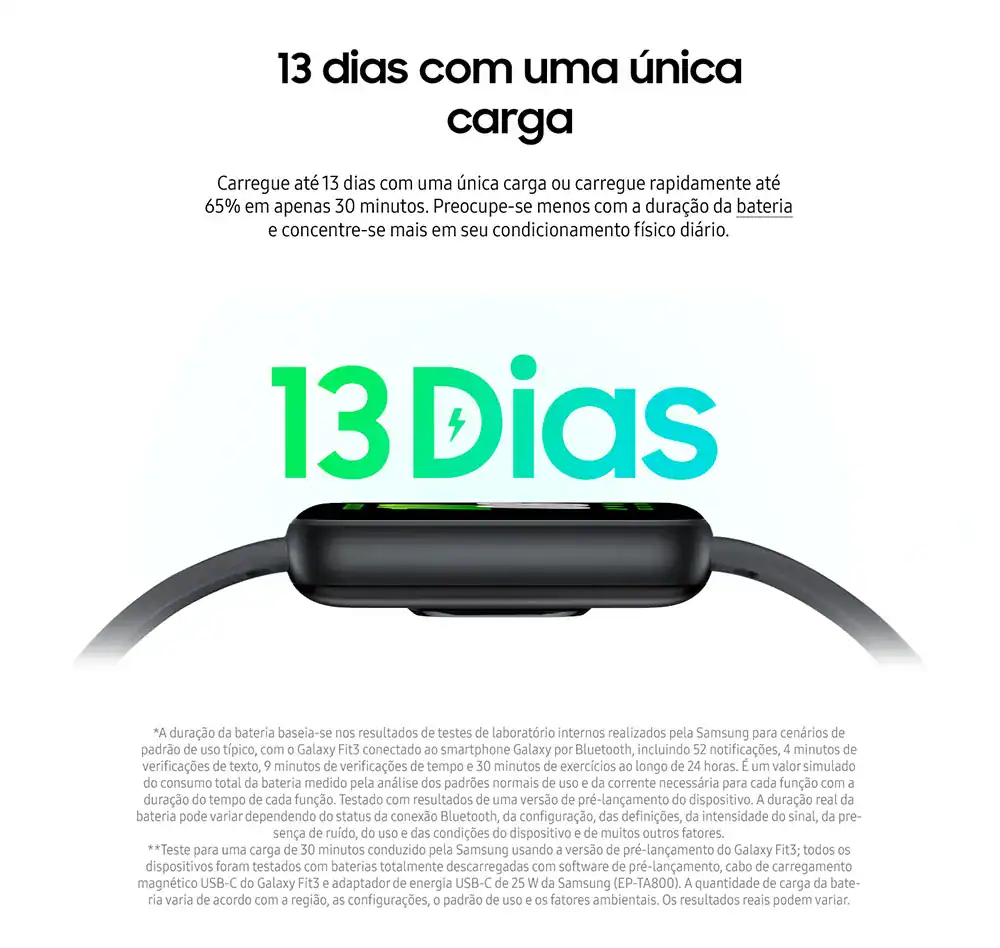 13 dias de autonomia de bateria em smartwatches, carregamento rápido e durabilidade.