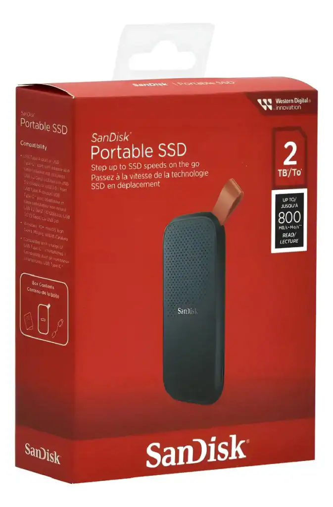 SanDisk SSD portátil com alta velocidade de leitura e gravação.