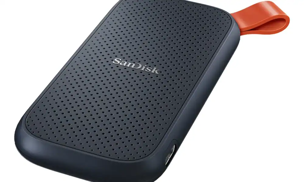 Sandisk portátil externo com conexão USB-C, armazenamento rápido e confiável.