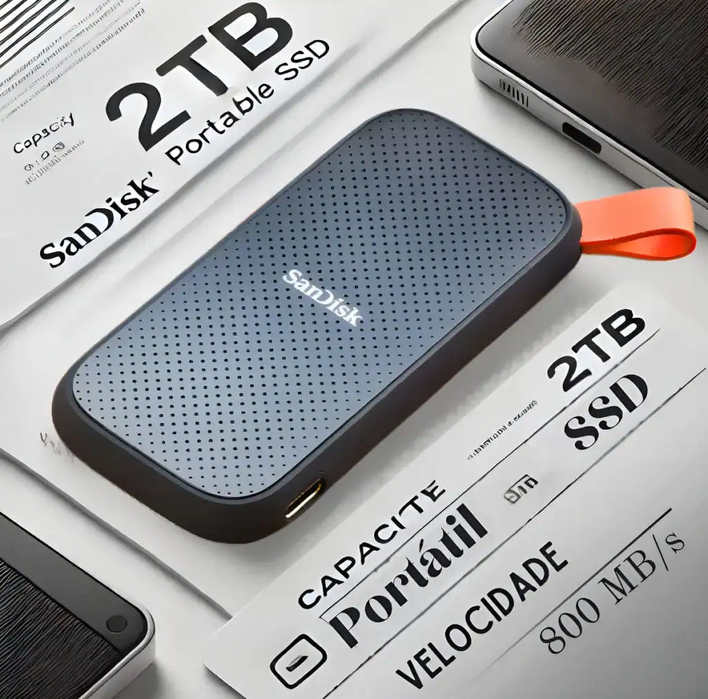 Disco rígido portátil SSD Sandisk de 2TB com design compacto.