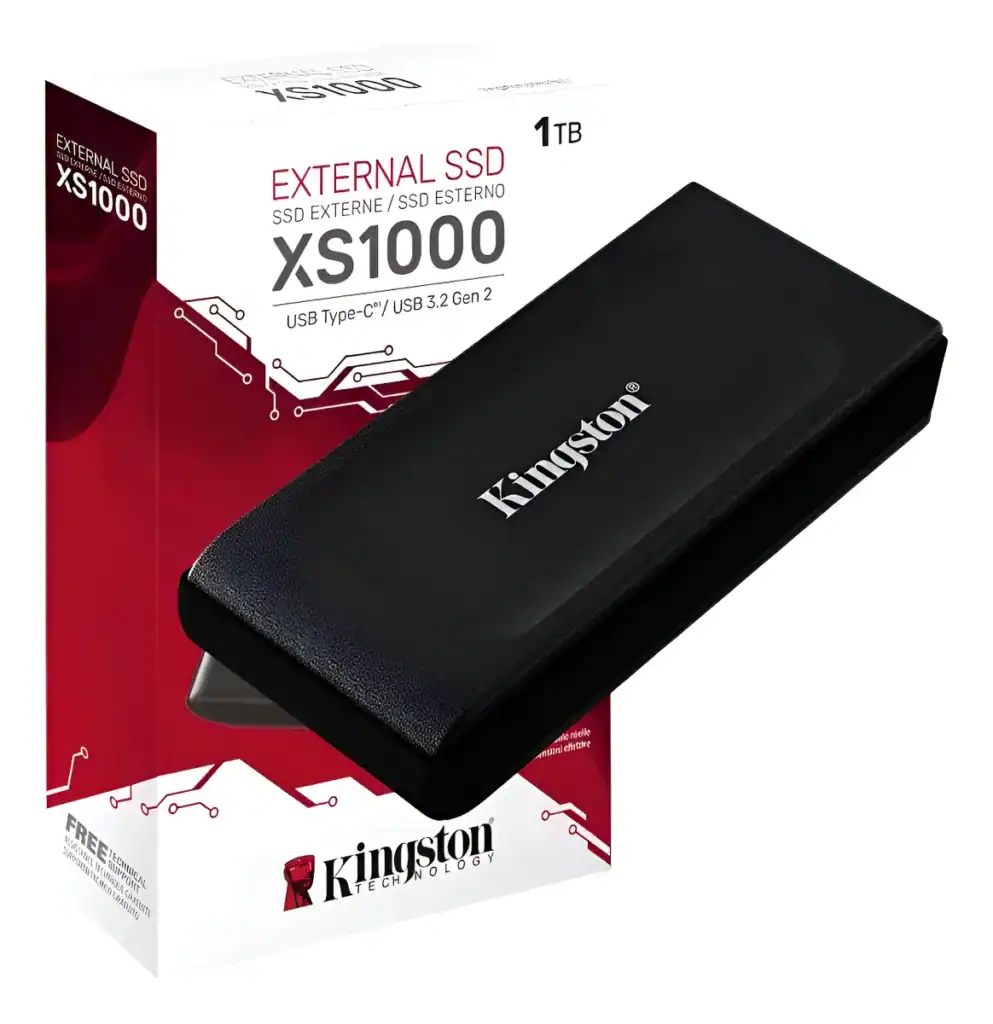 Disco SSD Kingston Externo 1TB XS1000 em embalagem moderna.