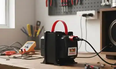Bateria portátil de emergência carregando dispositivos eletrônicos em oficina de eletrônica.