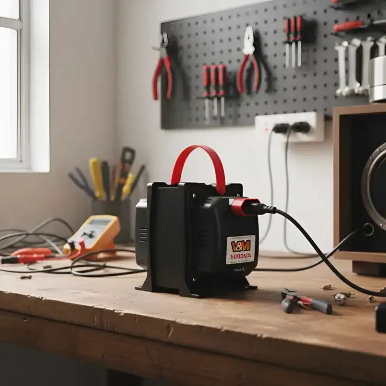 Bateria portátil de emergência carregando dispositivos eletrônicos em oficina de eletrônica.
