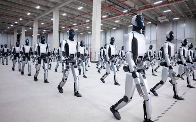 Androide futurista em fábrica de robôs de inteligência artificial.