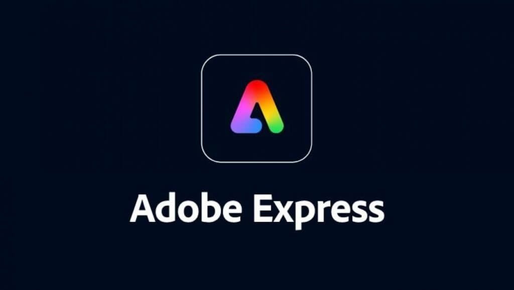 Ícone do Adobe Express em fundo escuro, destacando ferramenta de edição de vídeos e imagens.