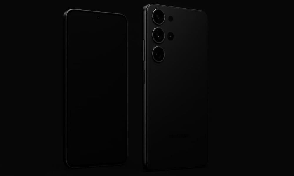Imagem de smartphone preto com câmeras múltiplas em fundo escuro.