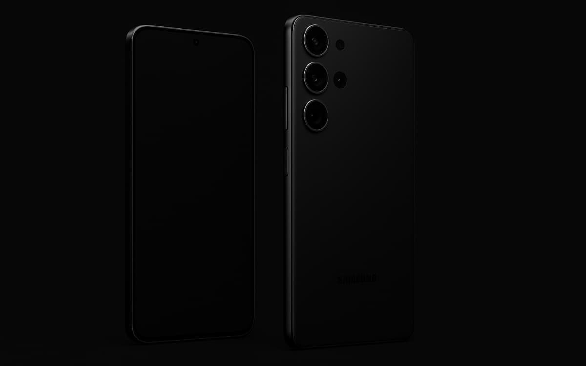 Imagem de smartphone preto com câmeras múltiplas em fundo escuro.